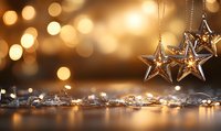 Glowing star ornaments and fairy lights create magical holiday atmosphere against warm bokeh background. Festive Christmas decorations sparkle with golden light.