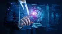 Professional businessman in suit touching glowing AI artificial intelligence interface with digital circuit patterns and futuristic technology elements.