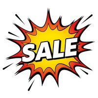 Comic book style sale burst with explosive star shape in bright yellow orange and red colors for promotional marketing campaigns.