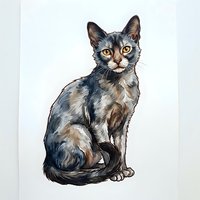 Tabby cat with striking amber eyes sitting upright on white background, rendered in detailed watercolor style for pet illustrations, greeting cards, and animal artwork projects.