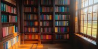 Sunlit library interior with wooden bookshelves filled with colorful books, warm morning light streaming through window, creating cozy reading atmosphere and shadows on floor.