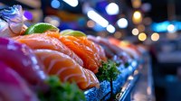 Fresh salmon sushi nigiri pieces arranged in row with garnish and bokeh lights background, close up view of traditional Japanese cuisine served at restaurant.