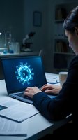 Female scientist analyzing virus structure on laptop screen in modern laboratory setting for medical research and pathogen study applications.