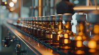 Row of amber glass bottles lined up on dark bar counter with soft bokeh lighting effect creating moody atmosphere in restaurant or pub setting.