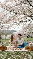 Happy couple enjoying romantic picnic under blooming cherry blossom trees in spring park with wicker baskets and blanket for outdoor dining and leisure activities.