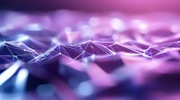 Abstract digital landscape with connected polygonal lines forming mountain-like terrain in purple and blue gradient background with bokeh light effects.