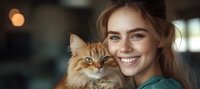 Young Caucasian woman with bright smile holding fluffy ginger Persian cat, looking at camera. Close-up portrait showing bond between pet owner and feline companion.