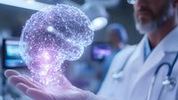 Futuristic medical concept showing doctor with holographic human brain projection floating above hand in modern hospital setting, neural network visualization.
