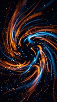 Glowing spiral vortex of orange and blue neon light streams swirling on dark background with sparkling particles for wallpaper or poster.