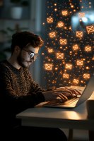 Young man with glasses working on laptop with glowing email icons floating around him representing digital communication and online marketing concepts.