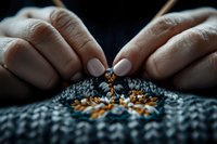 Close-up of hands embroidering golden floral pattern on gray knitted fabric, showing detailed needlework and craftsmanship in moody lighting.