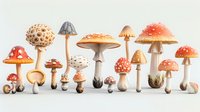 Diverse collection of colorful mushrooms arranged in row showing different species including fly agaric and other wild fungi on light background. Perfect for nature designs.