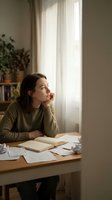 Young woman in green sweater sitting at desk with papers and notebook, looking thoughtfully out window in bright home office with natural light and plants.