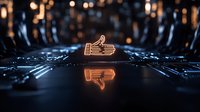 Glowing neon thumbs up icon reflected on dark futuristic circuit board surface with bokeh lights, representing social media approval and digital engagement.