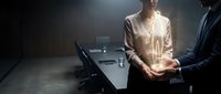 Caucasian woman in handcuffs during police interrogation in dark room with male detective, crime investigation scene for legal and justice concepts.