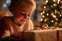 Young caucasian girl in cozy sweater smiling while opening Christmas present, warm holiday lights and decorated tree in background create magical festive atmosphere.