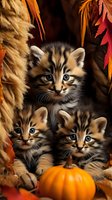 Three adorable tabby kittens with blue eyes sitting together among autumn leaves and small pumpkin, creating seasonal fall composition with warm colors.