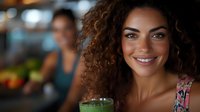 Young mixed race woman with curly hair smiling while holding beverage glass in restaurant setting. Natural lighting creates warm ambiance for lifestyle and hospitality content.
