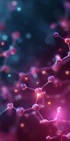 Glowing molecular structure with pink and blue spheres connected by lines on dark background with bokeh effect, suitable for science and technology designs.