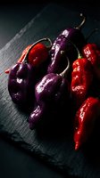 Fresh red and purple chili peppers on dark slate surface for culinary cooking spice ingredient food photography kitchen restaurant menu design.