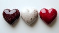 Three decorative heart-shaped objects in burgundy glitter, cream with speckles, and glossy red, isolated on white background for design projects.