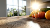 Fresh organic fruits and vegetables arranged on wooden table with bright sunlight streaming through window, creating warm natural lighting and long shadows.