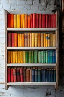 Colorful vintage books arranged by spectrum on wooden shelves against white brick wall, creating rainbow gradient display for home library or bookstore.