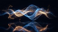 Abstract digital wave with glowing particles and light trails flowing over water surface creating luminous reflections in dark space for technology concepts.