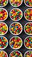 Colorful candy assortment in white bowls arranged on dark surface, featuring rainbow gumballs and sweets for party treats and confectionery displays.
