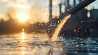 Golden water stream pouring from pipe at sunset, creating magical sparkles and droplets against sunlit background, atmospheric nature moment captured in soft focus.