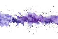 Purple watercolor splash with dynamic splatters and drops creates horizontal flow on white background, artistic abstract design element for creative projects.