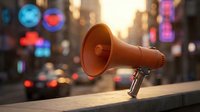 Orange megaphone on urban street with colorful bokeh lights and sunset glow for communication and announcement campaigns.