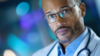 African American male doctor wearing glasses and white coat looking confidently at camera against blurred blue bokeh background, healthcare professional portrait.