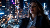 Young businesswoman contemplating at night with city lights bokeh background, reflecting on career ambitions and urban lifestyle.