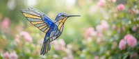 Colorful hummingbird in flight with spread wings against soft floral garden background. Nature wildlife photography for spring and summer themes.