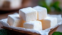 Homemade marshmallow cubes dusted with powdered sugar on parchment paper, macro food photography with soft natural lighting and shallow depth of field.
