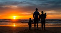 Family silhouettes watching sunset on beach. Parents with two children enjoying golden hour by ocean waves. Vacation bonding moment at seaside.
