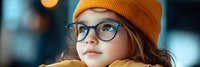 Young Caucasian girl with glasses and orange knit beanie looking thoughtfully into distance with warm bokeh lights creating cozy autumn atmosphere.