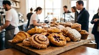 Fresh baked pastries and bread displayed on wooden board in busy bakery kitchen with professional bakers working in background creating artisanal goods.