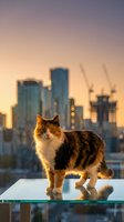 Tabby cat sitting on glass surface with urban skyline and construction cranes at golden hour sunset creating warm atmospheric city backdrop.