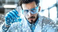 Male scientist in protective eyewear examining blue liquid in test tube against futuristic network visualization background, demonstrating modern laboratory research.