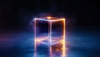 Glowing neon cube frame with orange and blue light effects on dark reflective surface amid atmospheric fog, creating futuristic sci-fi atmosphere.