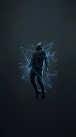 Futuristic soldier in tactical gear surrounded by holographic data charts and financial graphs on dark background, representing technology and analytics.