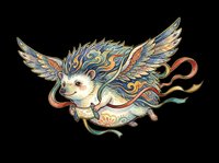 Cute winged hedgehog in traditional Asian art style with colorful ribbons, isolated on transparent background, ready for stickers, t-shirt design, and print on demand.