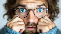 Expressive young Caucasian man with bright blue eyes and glasses showing surprise emotion, squeezing cheeks with hands while wearing blue sweater against light background.
