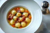Small potato dumplings in clear broth garnished with crispy bacon bits, fresh herbs and diced carrots served in white ceramic bowl, top view food photography.