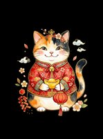 Cheerful calico cat wearing red traditional robe holding gold coin and lantern, surrounded by decorative elements. Isolated on transparent background, ready for t-shirts, stickers, clipart, and print-on-demand designs.