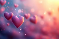 Pink and purple hearts floating in dreamy bokeh background with glowing particles and soft focus effect, romantic Valentine's day concept for greeting cards.