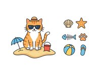 Orange tabby cat wearing straw hat and sunglasses sitting on sand with beach bucket and umbrella, accompanied by isolated beach icons including shell, starfish, fish skeleton, paw print, beach ball and flip-flops. Clipart set ready for design projects.