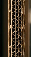 Corrugated cardboard edge showing layered structure with wavy fluted core between flat sheets in warm lighting for packaging and shipping concepts.